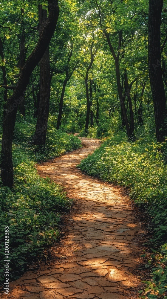 Fototapeta premium Tranquil nature walk pathway through lush green forest serene environment high-resolution textures