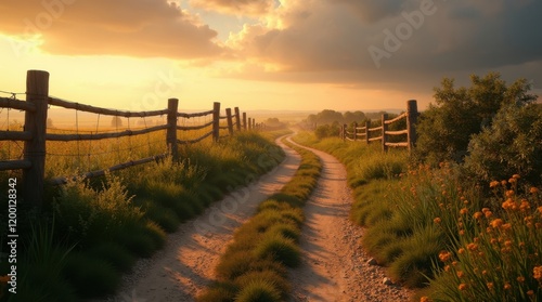 A rustic dirt road winds through a field  bordered by wooden fences at sunset. The warm light casts long shadows  creating a tranquil and peaceful atmosphere.
