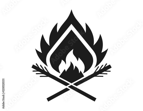 black and white campfire symbol with flames and crossed logs, ideal for camping, hiking, and outdoor activities. versatile graphic for branding, signage, and promotional materials.