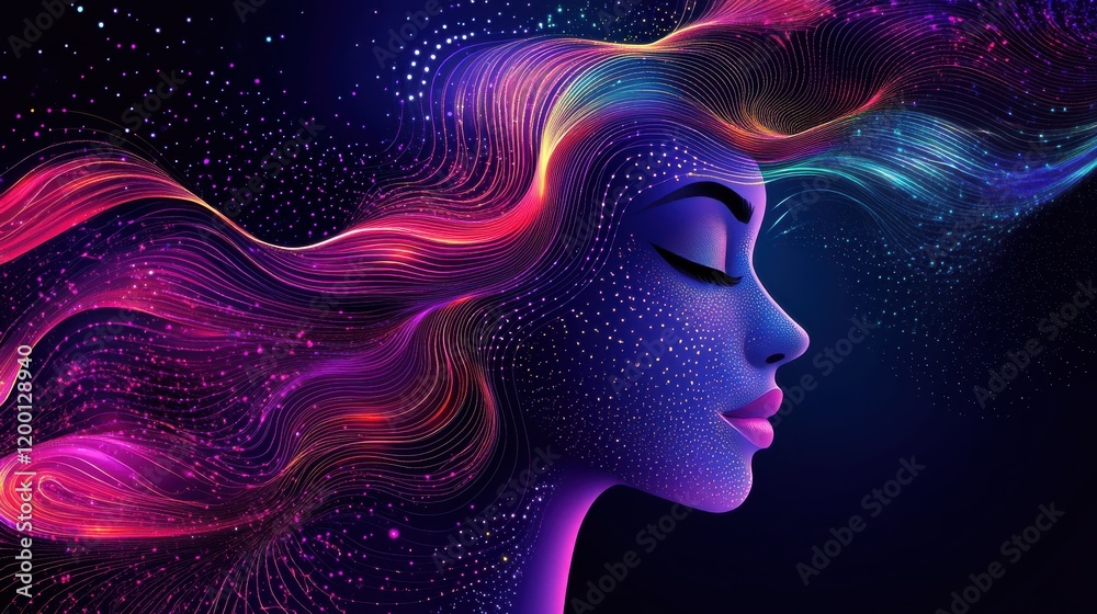 Ethereal portrait of a woman with flowing hair, surrounded by vibrant cosmic colors and patterns Ethereal portrait of a woman with flowing hair, surrounded by vibrant cosmic colors and patterns