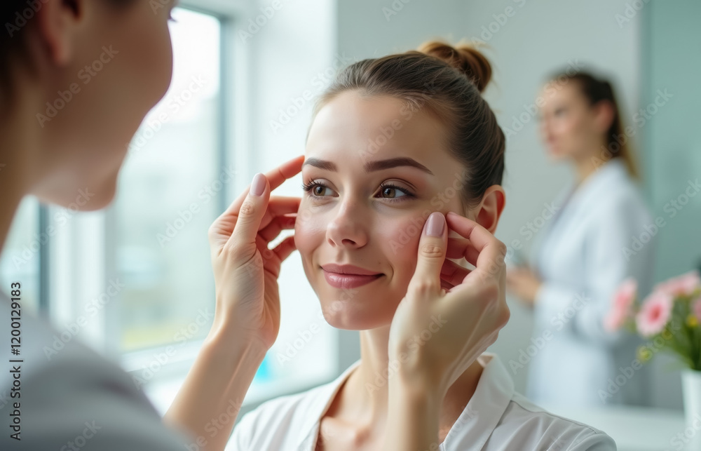 Female caucasian adult in dermatology consultation receiving facial examination Female caucasian adult in dermatology consultation receiving facial examination