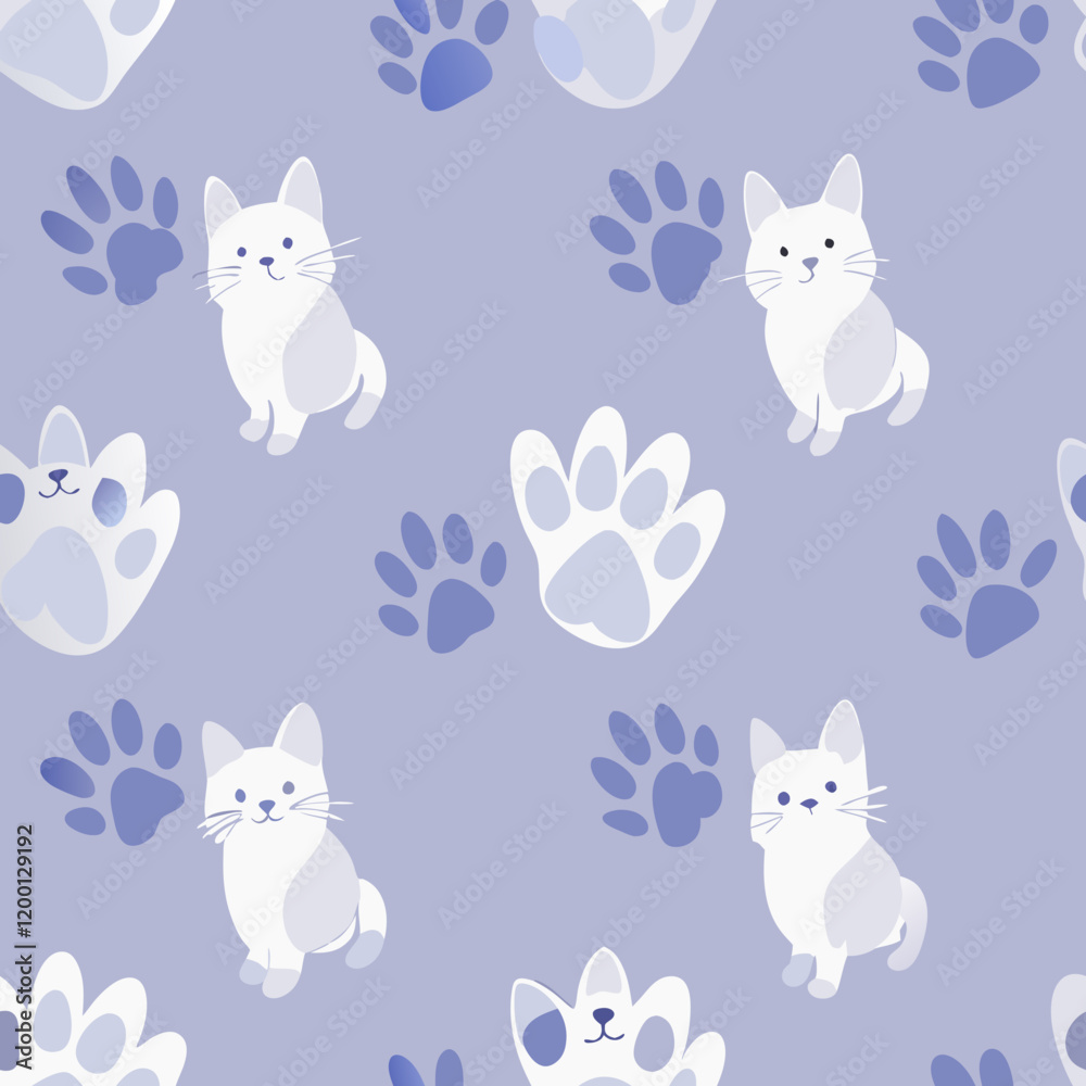 Obraz premium Cartoon white cats and paw prints on purple background