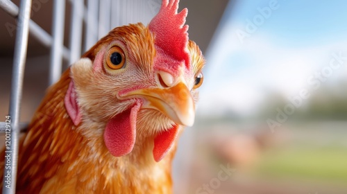 Vibrant chicken peering through a wire enclosure in a serene outdoor setting