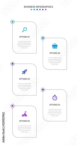 Vertical progress bar featuring 5 arrow-shaped elements, symbolizing the five stages of business strategy and progression. Clean timeline infographic design template. Vector for mobile presentation.