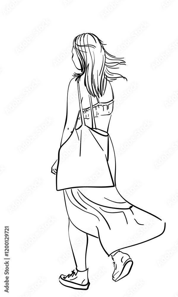 Hand drawn illustration of a walking girl in summer clothes, Long skirt and long hair fluttering in the wind, With a bag on her shoulder, Vector sketch, View from back Hand drawn illustration of a walking girl in summer clothes, Long skirt and long hair fluttering in the wind, With a bag on her shoulder, Vector sketch, View from back