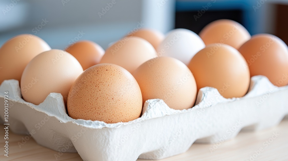 Fresh brown and white eggs nestled together in a cardboard carton Fresh brown and white eggs nestled together in a cardboard carton
