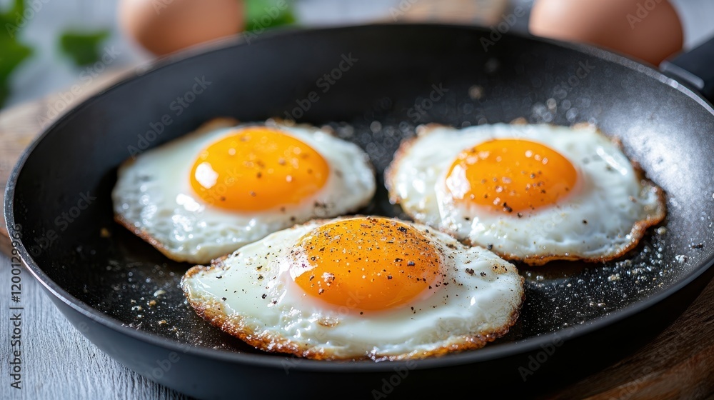 Perfectly cooked sunny-side-up eggs in a sizzling frying pan Perfectly cooked sunny-side-up eggs in a sizzling frying pan