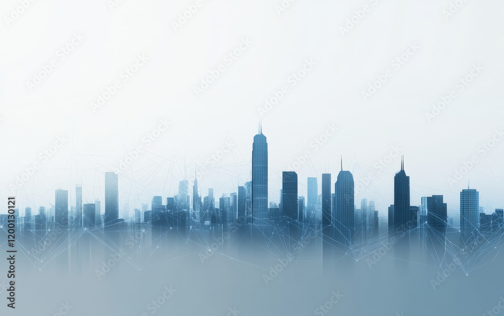 Silhouette of a modern city skyline under a foggy atmosphere with towering skyscrapers in the early morning light Silhouette of a modern city skyline under a foggy atmosphere with towering skyscrapers in the early morning light