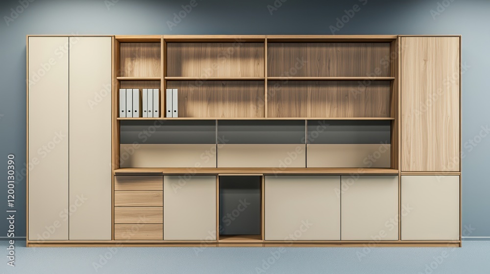 Fototapeta premium A chic office wall unit with soft beige and oak wood accents