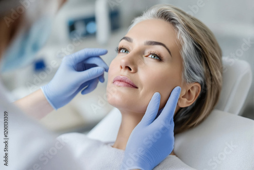 Caucasian mature female undergoing facial skin examination by doctor in medical clinic