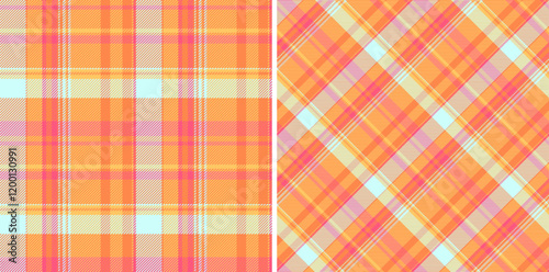 Vibrant orange  pink plaid patterns.  Perfect for textiles, apparel, website backgrounds, or any design needing a cheerful, summery vibe.  Two seamless variations included classic  diagonal.