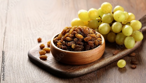 dried raisins in a bowl and fersh grape photo