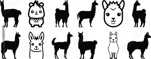 Llama silhouettes set, alpaca pack of vector silhouette design, isolated background