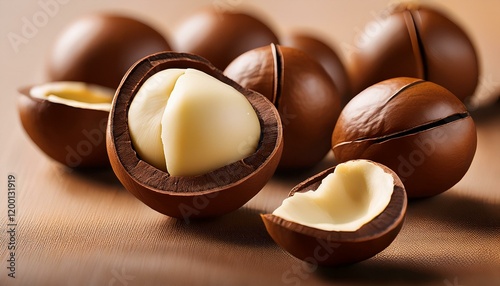 close up of macadamia nuts one is cracked open revealing the white nut