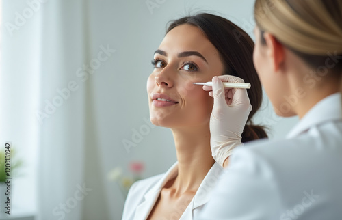 Young caucasian female receiving cosmetic consultation in medical office