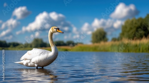 Majestic swan gliding gracefully across a tranquil lake under blue skies photo