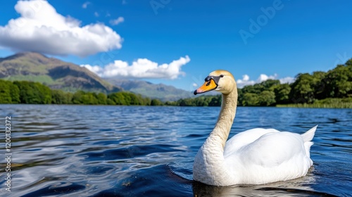 Serene swan gliding gracefully on a tranquil lake surrounded by mountains photo