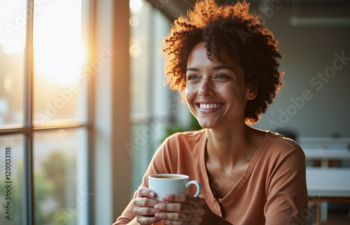 Smiling african female enjoying coffee in sunlit room at sunrise