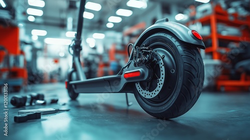 Close-up of an electric scooter's rear wheel and brake system in a workshop setting photo