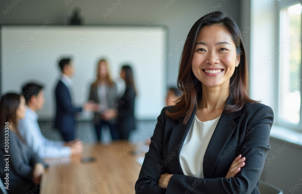 Obraz premium Confident asian businesswoman leading meeting in modern office workspace