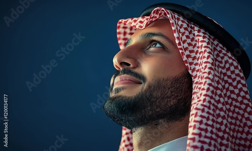 Zoom in to Saudi man looking up with proud and smile, wearing saudi arabian attire presentable and sharp, solid blue navy background, emotional with grain effect