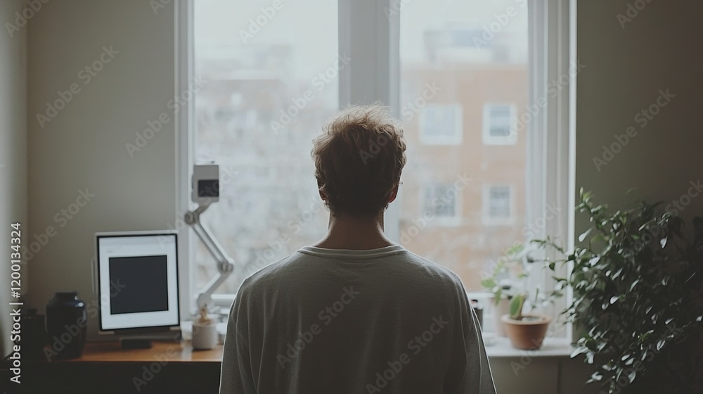Man looking out the window in a modern workspace. AI technology and digital minimalism. Man looking out the window in a modern workspace. AI technology and digital minimalism.