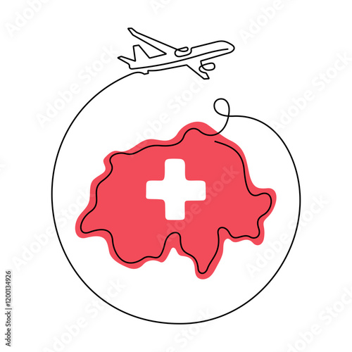 Travel Switzerland one line vector illustration. Map of Switzerland and airplane drawing