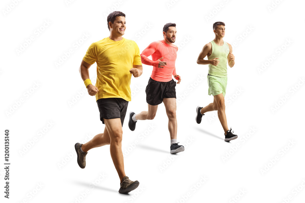 Full length shot of three young men jogging Full length shot of three young men jogging