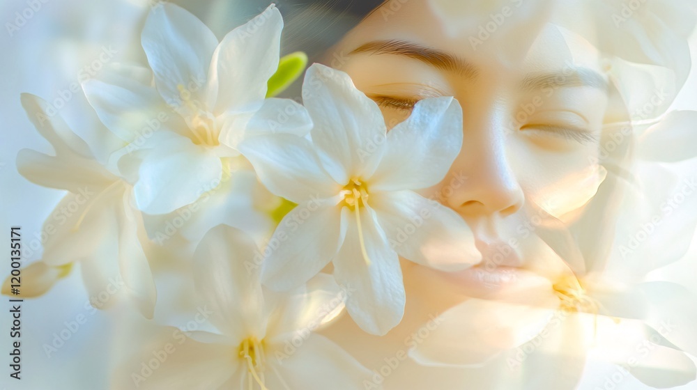 Fototapeta premium A serene young Asian woman surrounded by soft white flowers, embodying tranquility and beauty.