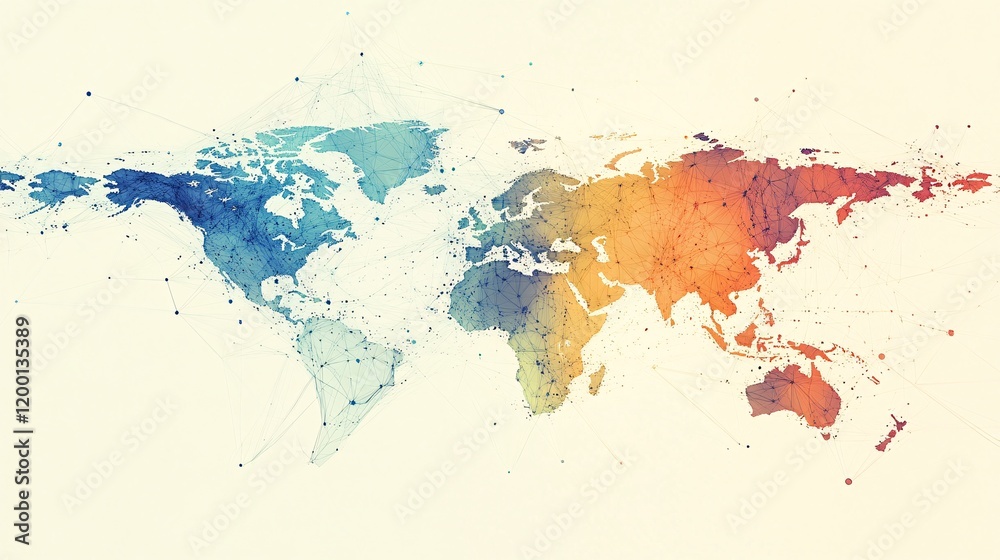 Obraz premium Abstract digital world map with vibrant color gradients and interconnected nodes, symbolizing global connectivity.
