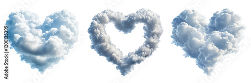 Set of heart shaped clouds isolated on white and transparent background