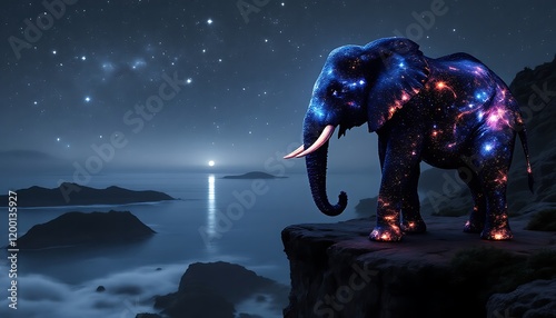 Cosmic Elephant on Clifftop at Night Stunning Galaxy Art