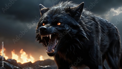 Fierce Black Wolf: Glowing Eyes, Dramatic Landscape, Dark Fantasy Art