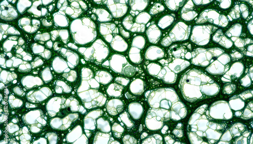 A detailed examination of green cellular structures showcases unique patterns and textures under microscopic observation. This exploration focuses on biological features and their arrangement