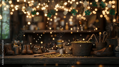Cozy workshop filled with sparkling lights and golden coins in a charming setting during the evening