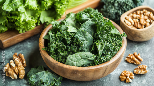 Leafy green salad with kale, spinach, and walnuts, nutrientdense meal, brain health focus photo