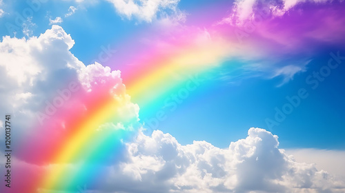 Vibrant rainbow stretching across a countryside landscape after a summer rainstorm, bright colors against a cloudy sky, uplifting and picturesque photo