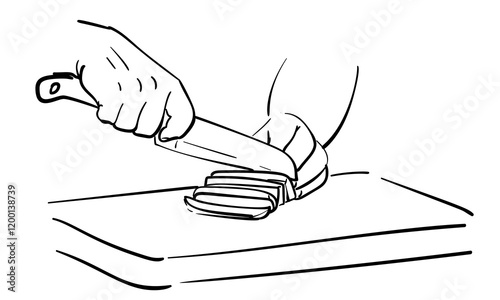 Close up hands cutting vegetable with knife on chopping board, Hand drawn illustration black line sketch on white background. Cooking food basic knife skills