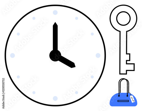 Clock face with minimalist design, large key, and blue handbag. Ideal for time management, security, personal access, punctuality, organization personal finance safety. Line metaphor