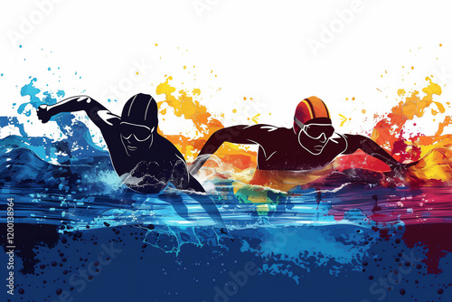 Male athlete swimmer doing a training exercise for a swimming sports race event by practising the breast stroke and diving underwater shown in a contemporary abstract painting, stock illustration