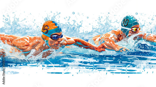 Male athlete swimmer doing a training exercise for a swimming sports race event by practising the breast stroke and diving underwater shown in a contemporary abstract painting, stock illustration