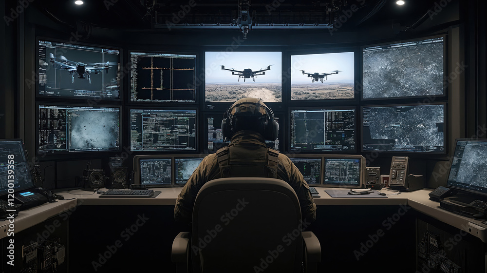Fototapeta premium Military operator controlling drones from control room with multiple screens