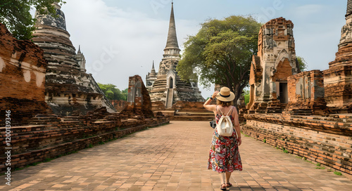woman visiting temple in ayuttaya thailand