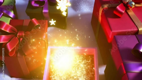 Festive Gift Box Animation with Sparkling Holiday Effects and Glowing Light
