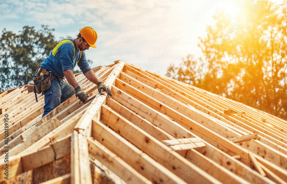 Carpenter building the roof beams of a house on Carpenter building the roof beams of a house on