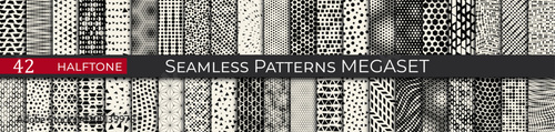 This seamless halftone pattern set includes 42 geometric black-and-white designs, ideal for modern and retro projects.
