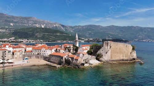 Old and modern Budva, Adriatic Sea. Center of Montenegrin tourism. Aeria photo