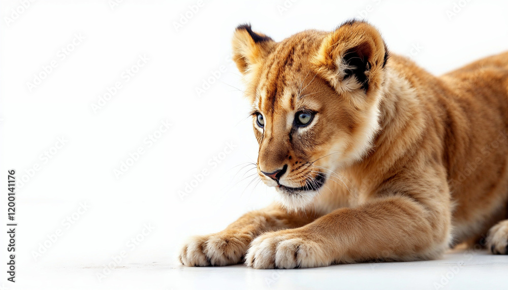 Fototapeta premium Lion cub resting quietly on a bright surface while curiously observing its surroundings in a spacious environment
