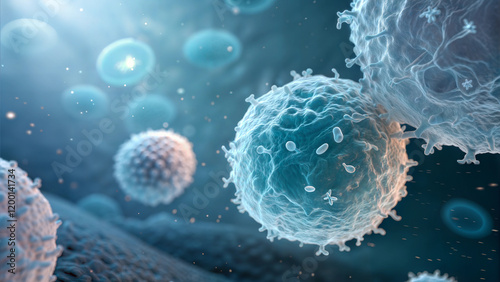 Blue microscopic virus cells under magnification, scientific medical research concept