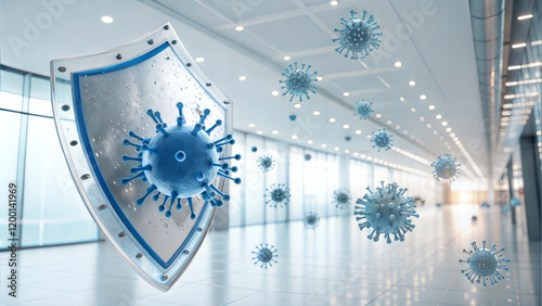 Shield symbolizing protection against viruses in a futuristic corridor environment